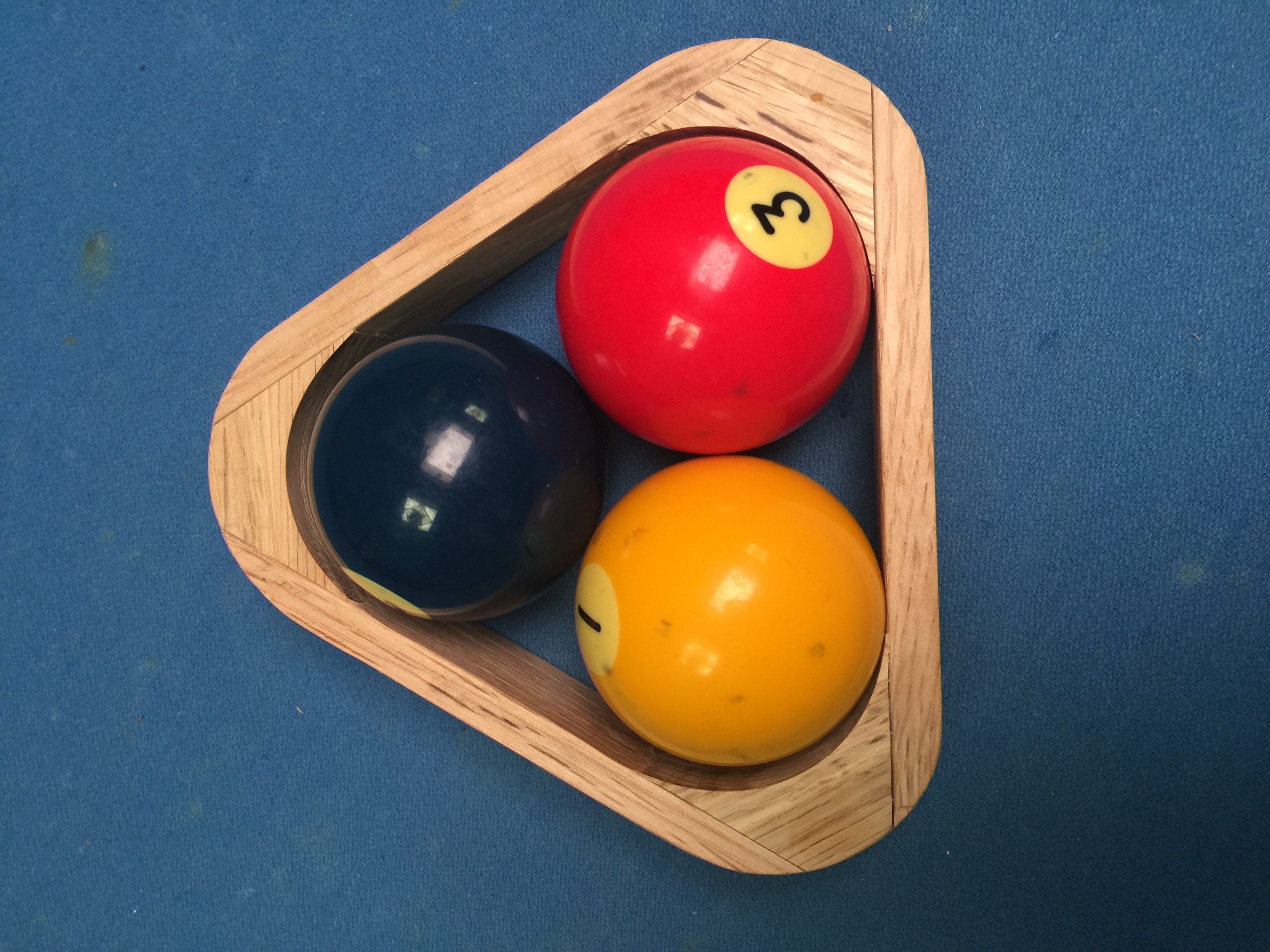Handmade 3-ball billiard rack — top view